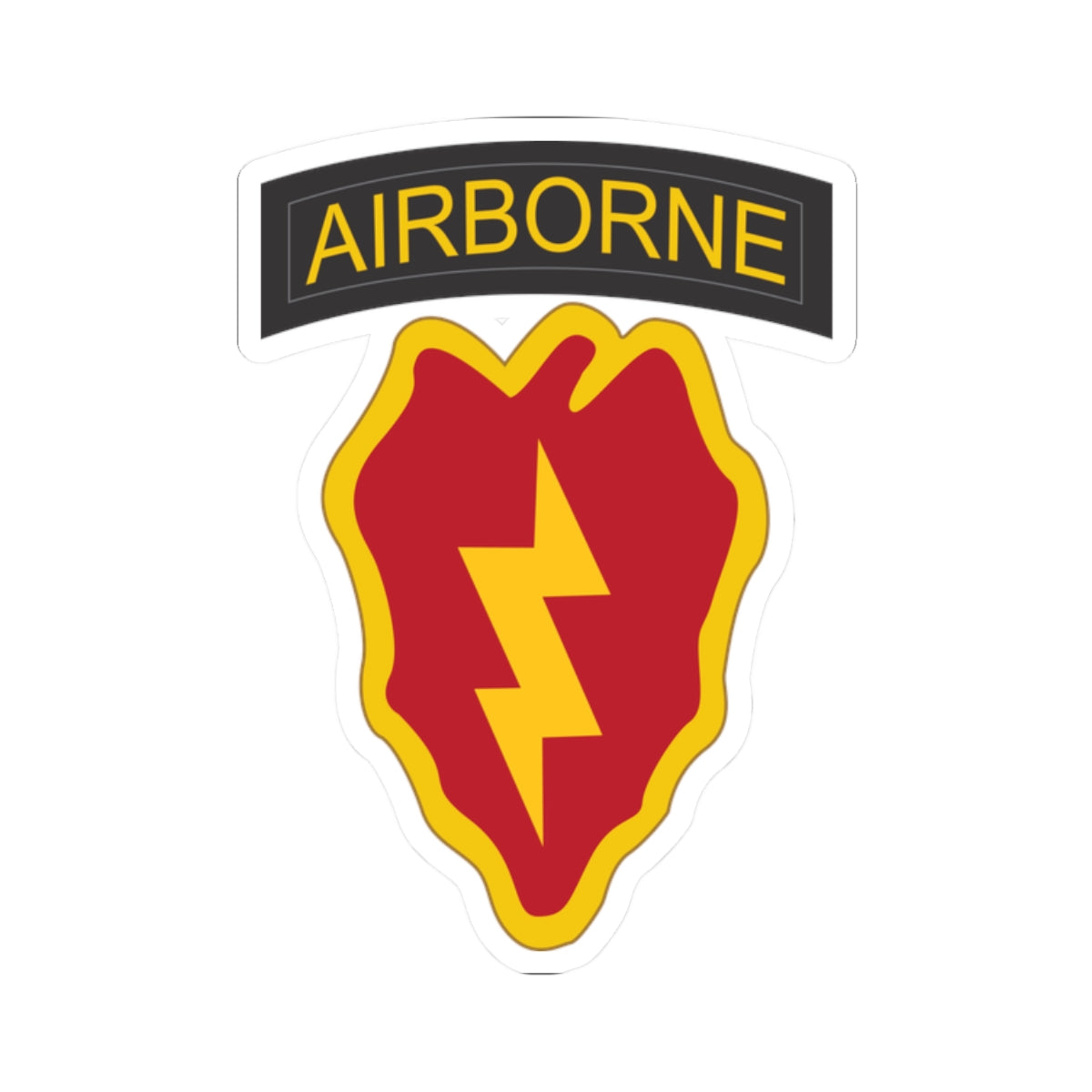 A kiss-Cut Stickers depicting the 25th Infantry Division, known as "Tropic Lightning," is based in Hawaii and is recognized for its rapid-response capabilities in the Pacific region. Its shoulder sleeve insignia (SSI) features a lightning bolt over a taro leaf, symbolizing speed and the unit’s Pacific heritage.