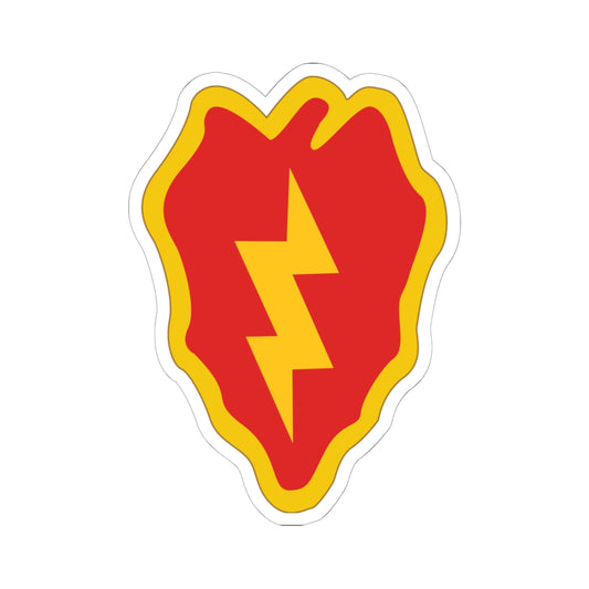 A kiss-Cut Stickers depicting The 25th Infantry Division, nicknamed "Tropic Lightning," is a U.S. Army division based in Hawaii. Its shoulder sleeve insignia (SSI) features a lightning bolt over a taro leaf, representing the division’s Pacific heritage and striking power.