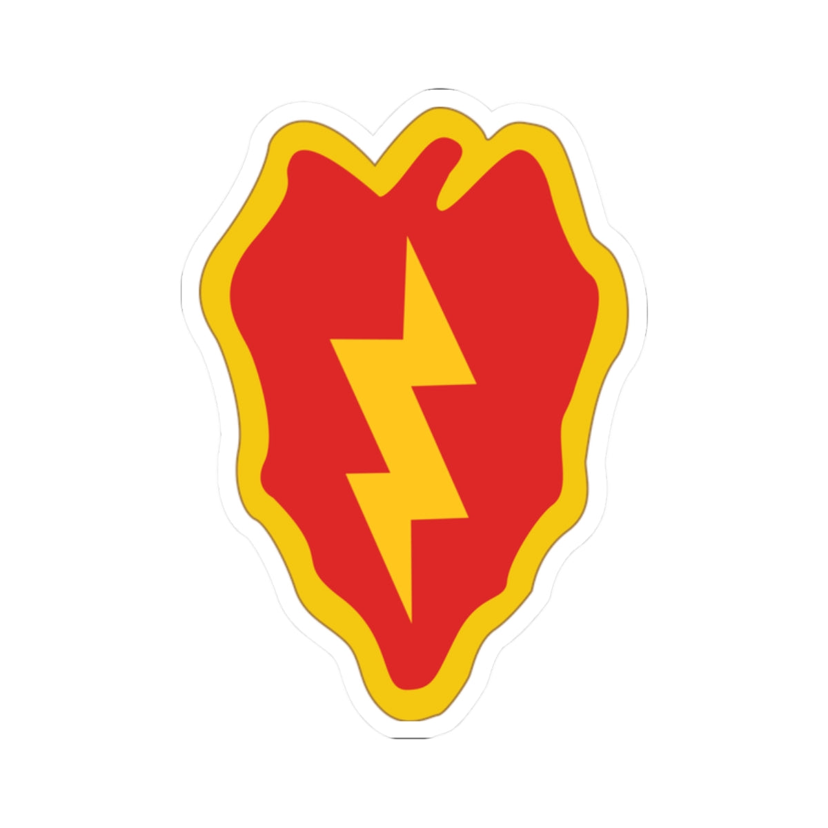 A kiss-Cut Stickers depicting The 25th Infantry Division, nicknamed "Tropic Lightning," is a U.S. Army division based in Hawaii. Its shoulder sleeve insignia (SSI) features a lightning bolt over a taro leaf, representing the division’s Pacific heritage and striking power.