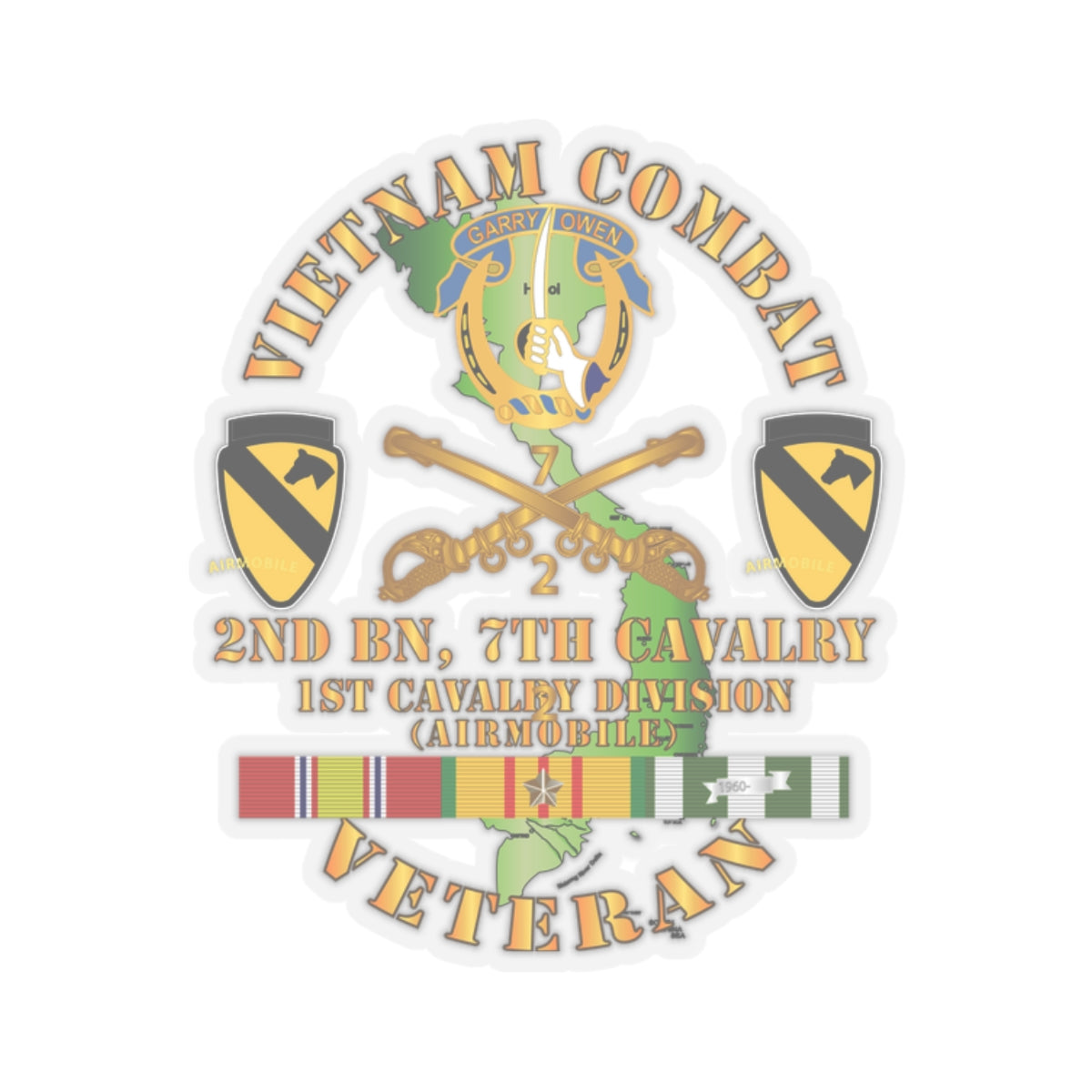 Kiss-Cut Stickers - Vietnam Combat Cavalry Veteran w 2nd Bn 7th Cav DUI - 1st Cav Div