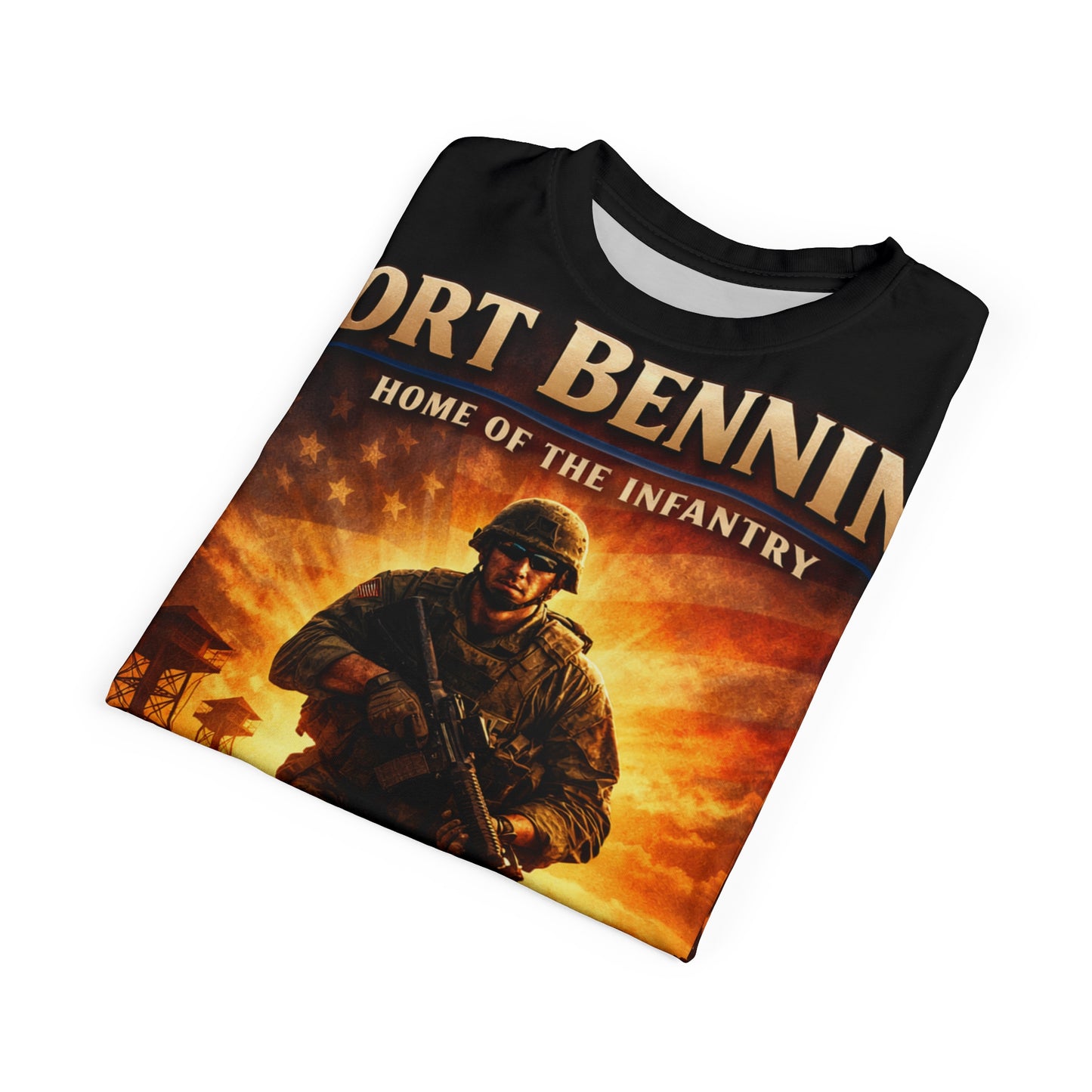 Fort Benning Infantry Tribute All‑Over Print Tee — "Follow Me, I Am the Infantry"