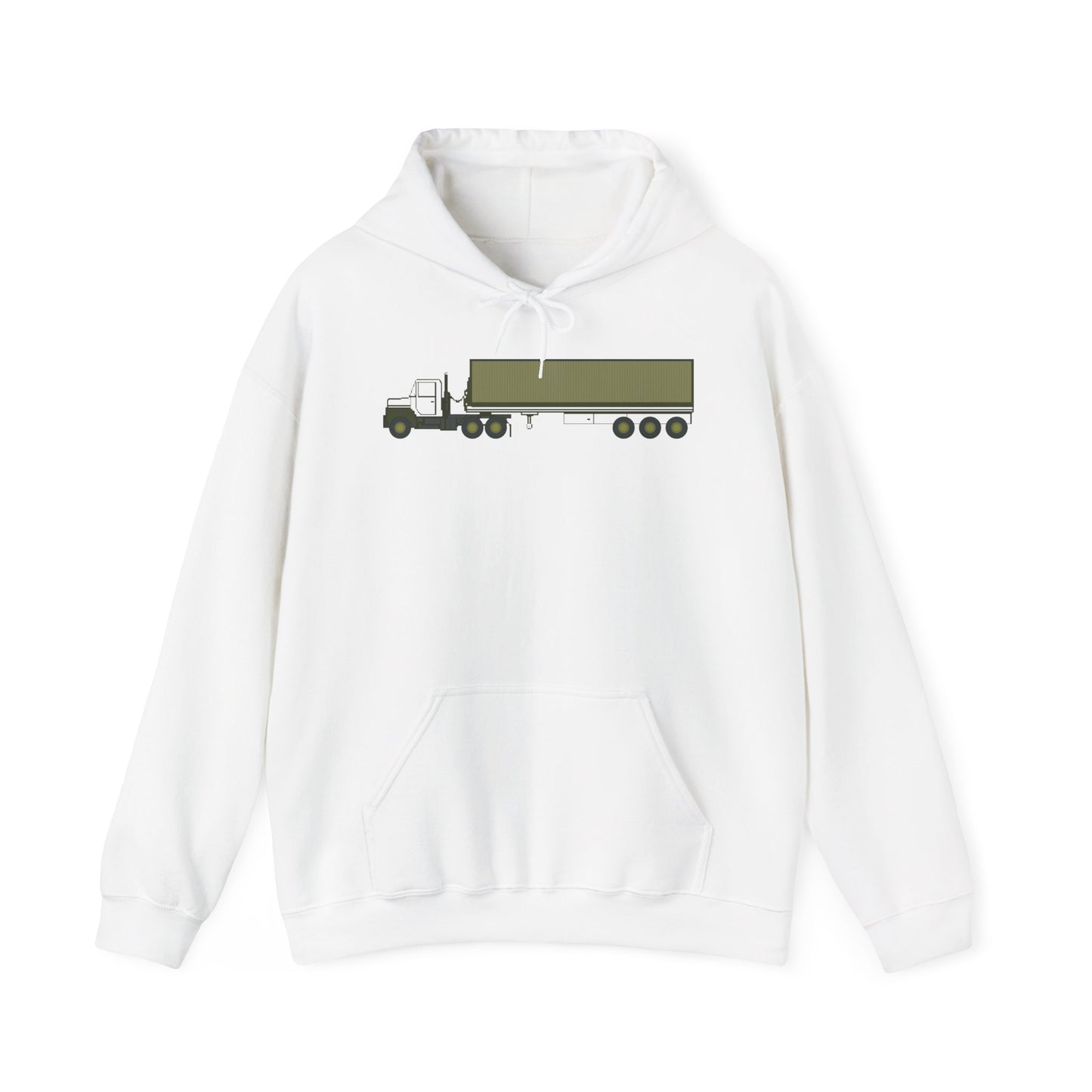 Unisex Heavy Blend Hooded Sweatshirt - Vehicle - M915 Tractor with M872 - 40 Ft Container - Side X 300