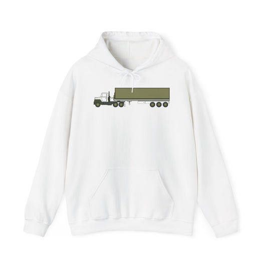 Unisex Heavy Blend Hooded Sweatshirt - Vehicle - M915 Tractor with M872 - 40 Ft Container - Side X 300