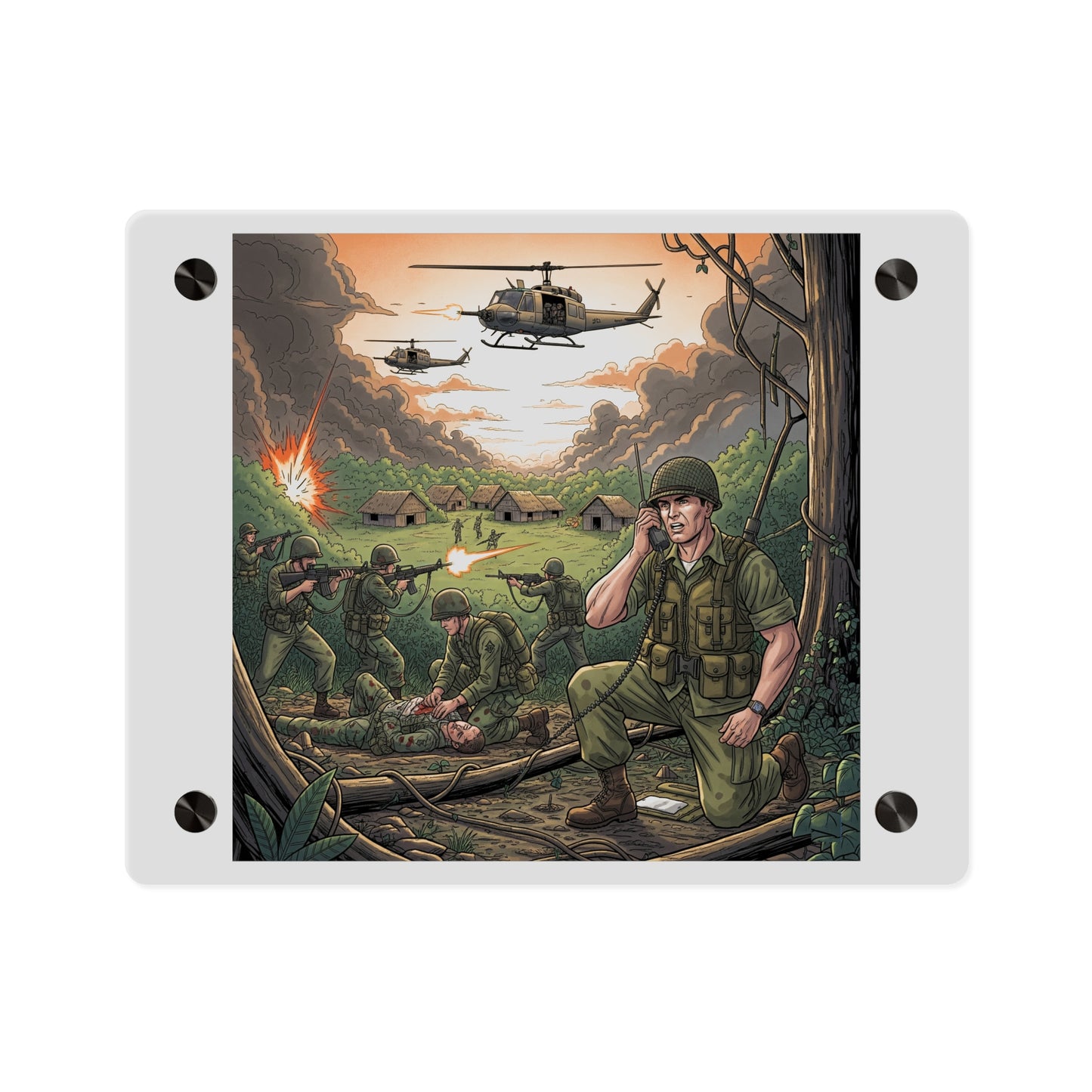 Acrylic Wall Art Panel - Vietnam Patrol Fire Fight Requesting Medevac