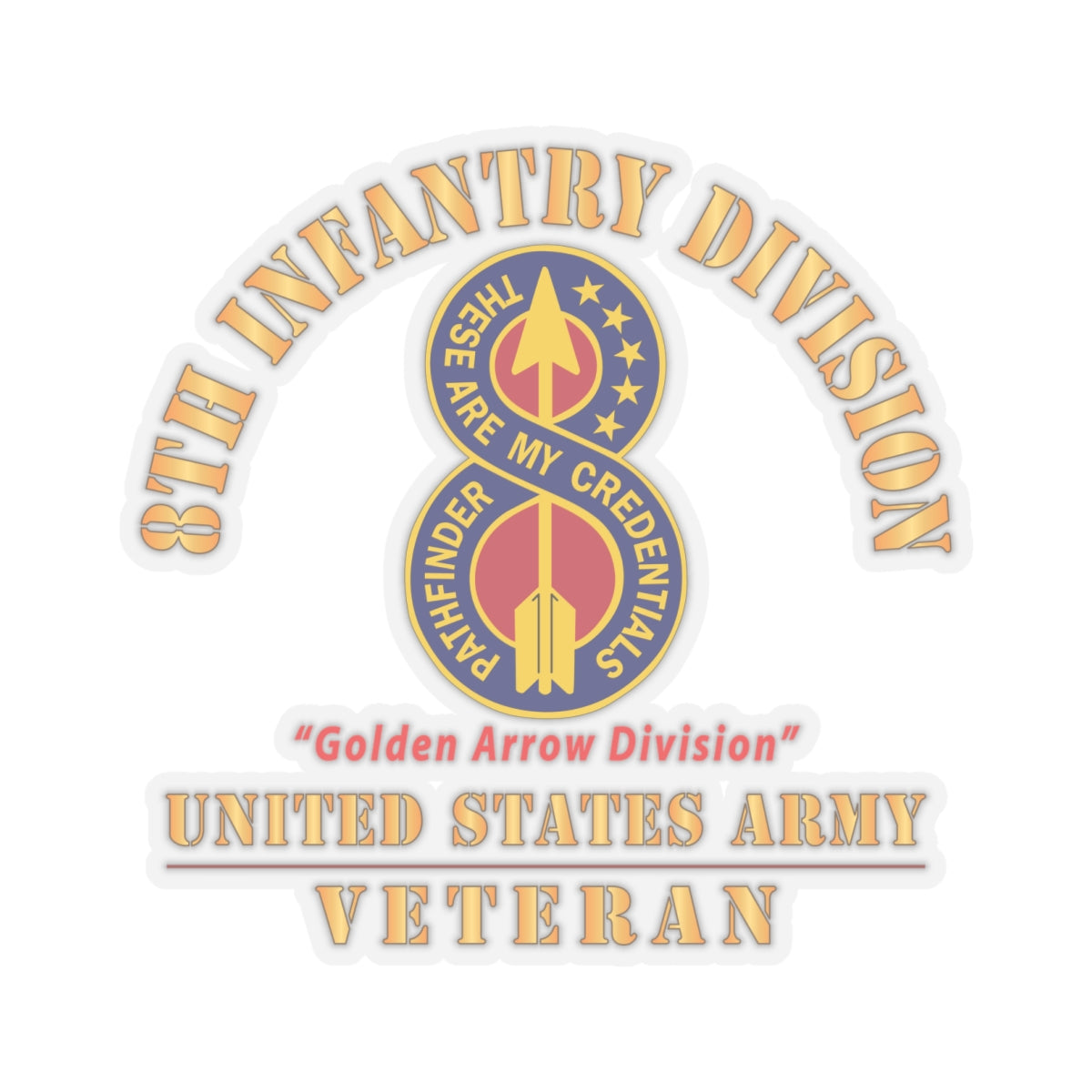 Kiss - Cut Stickers - Army - DUI - 8th Infantry Division - Golden Arrow Division - US Army Veteran X 300