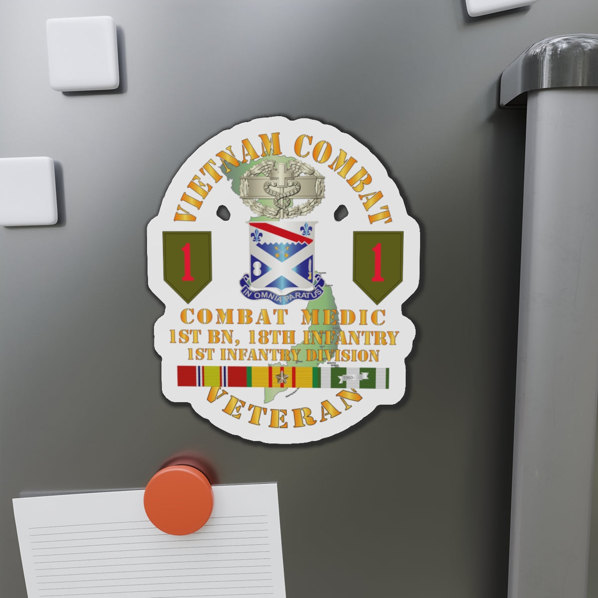 Die-Cut Magnets - Army - Vietnam Combat Infantry Veteran w Combat Medic - 1st Bn 18th Inf 1st Inf Div SSI