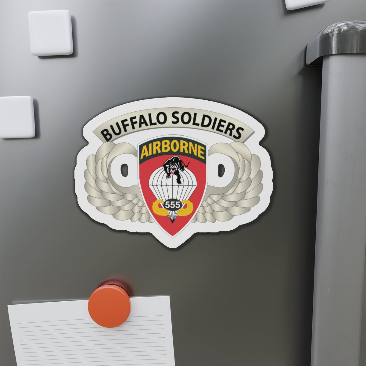 Die-Cut Magnets - Airborne Badge - 555th Parachute Infantry Bn - SSI w  Buffalo Soldiers Tab X 300