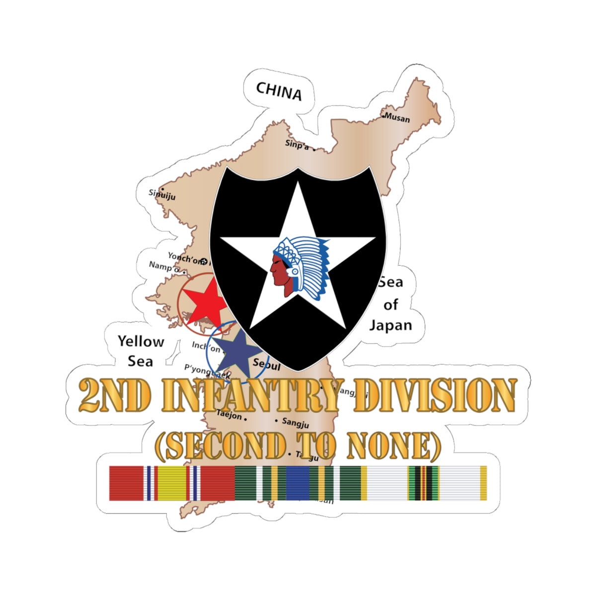 Kiss-Cut Stickers - Army - Korea Map - 2nd Infantry Div - Second to None w SVC X 300