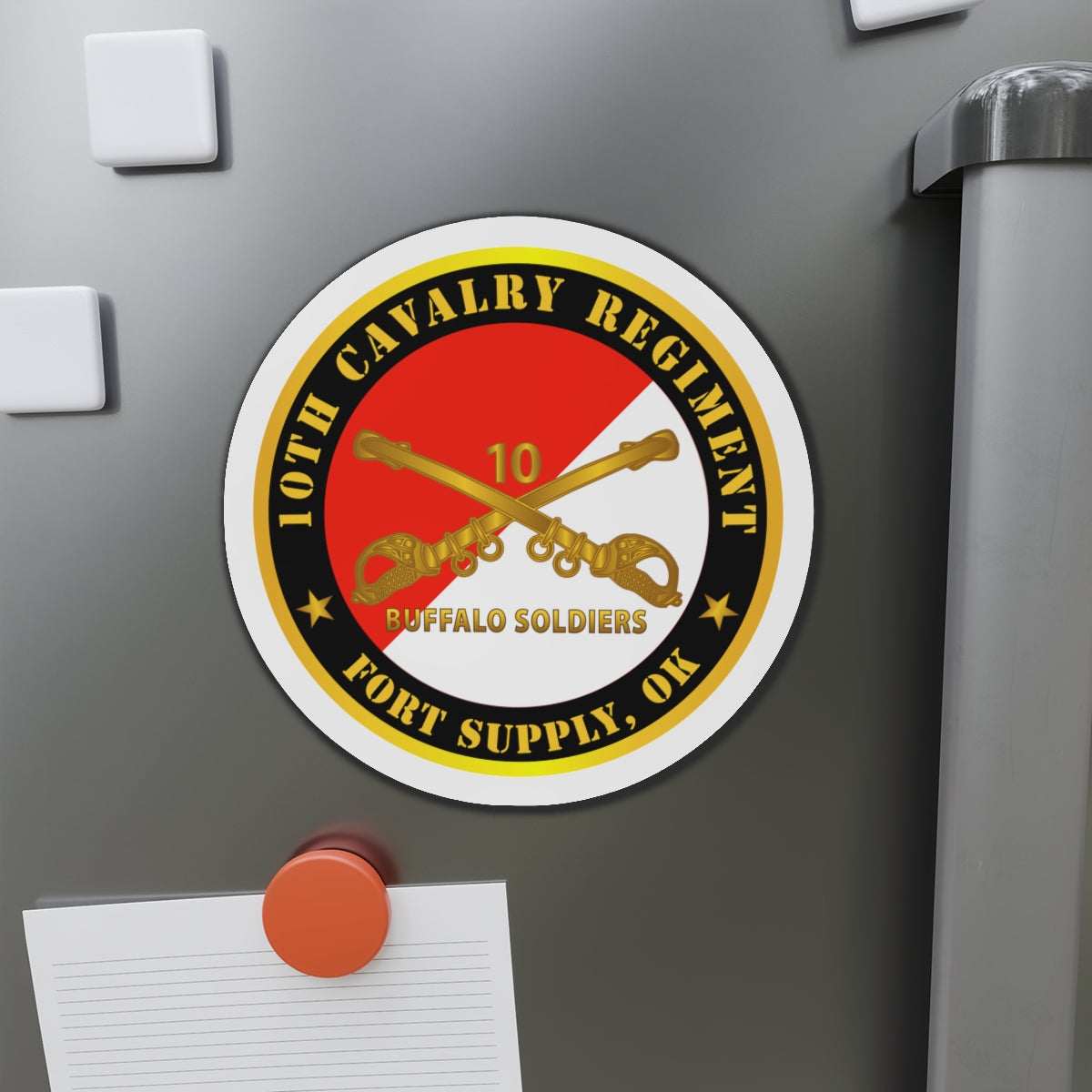 Die-Cut Magnets - 10th Cavalry Regiment - Fort Supply, OK - Buffalo Soldiers w Cav Branch