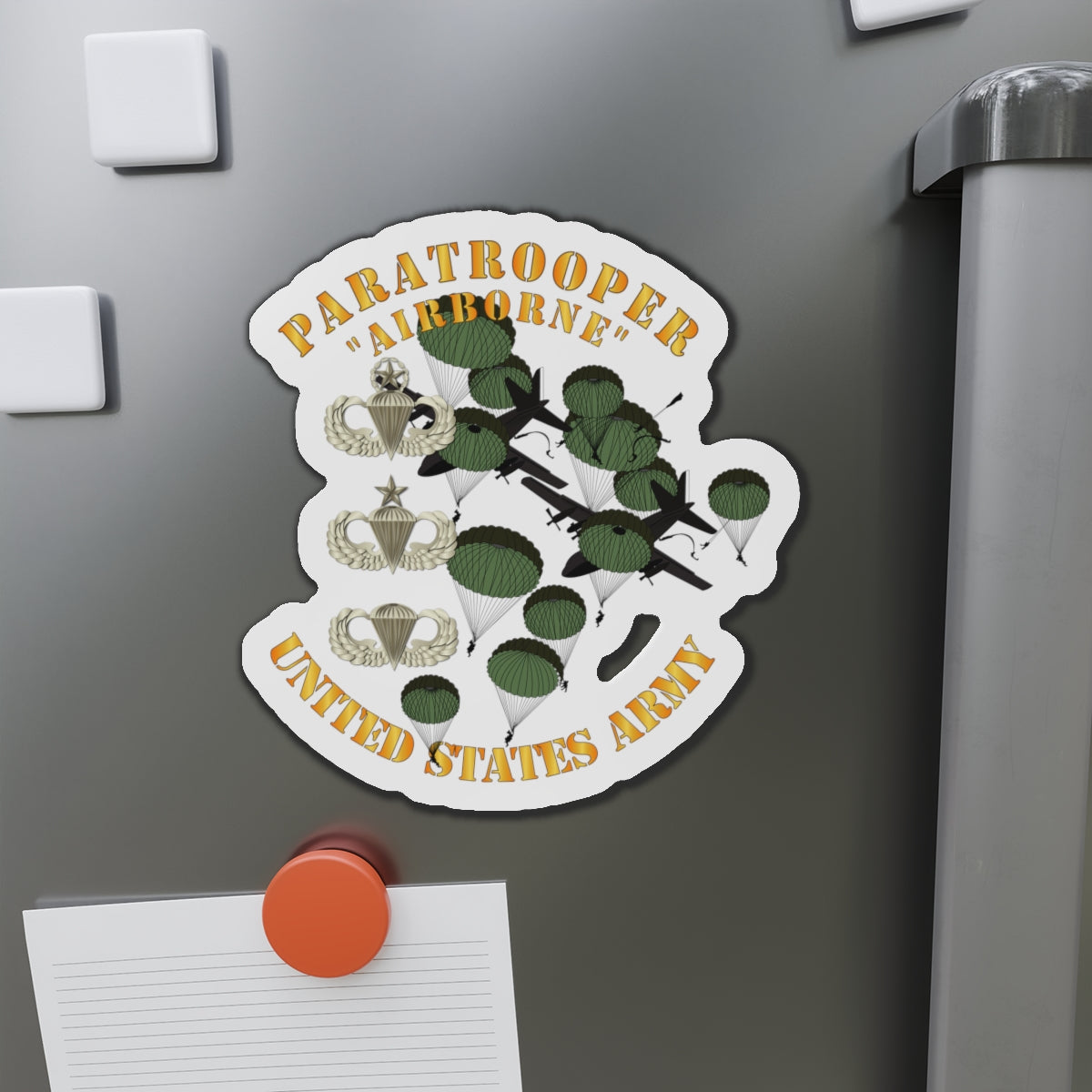 Die-Cut Magnets - Army - Paratrooper w 3 Airborne Badges - Mass Tac