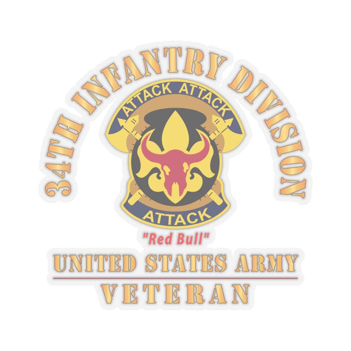 Kiss - Cut Stickers - Army - DUI - 34th Infantry Division - Red Bull - US Army Veteran X 300