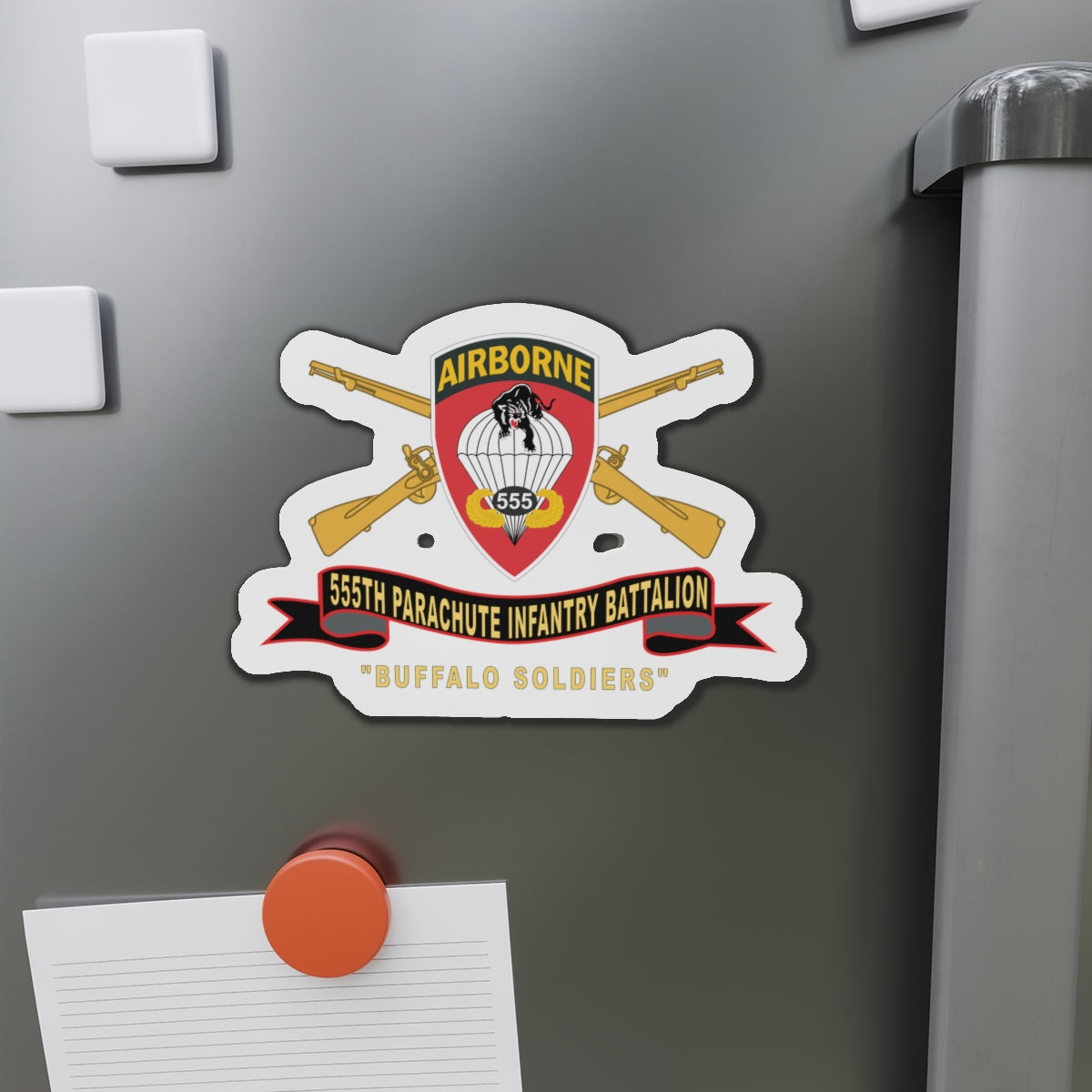 Die-Cut Magnets - 555th Parachute Infantry Battalion - SSI - Black - Red Buffalo Soldiers w Br - Rib