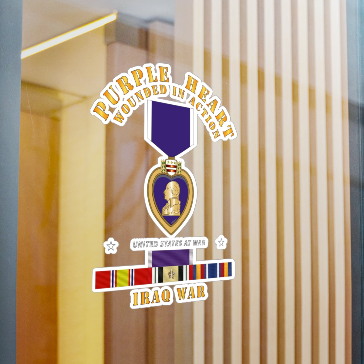 Kiss-Cut Vinyl Decals - Purple Heart - WIA w IRAQ SVC w Purple Heart Ribbon