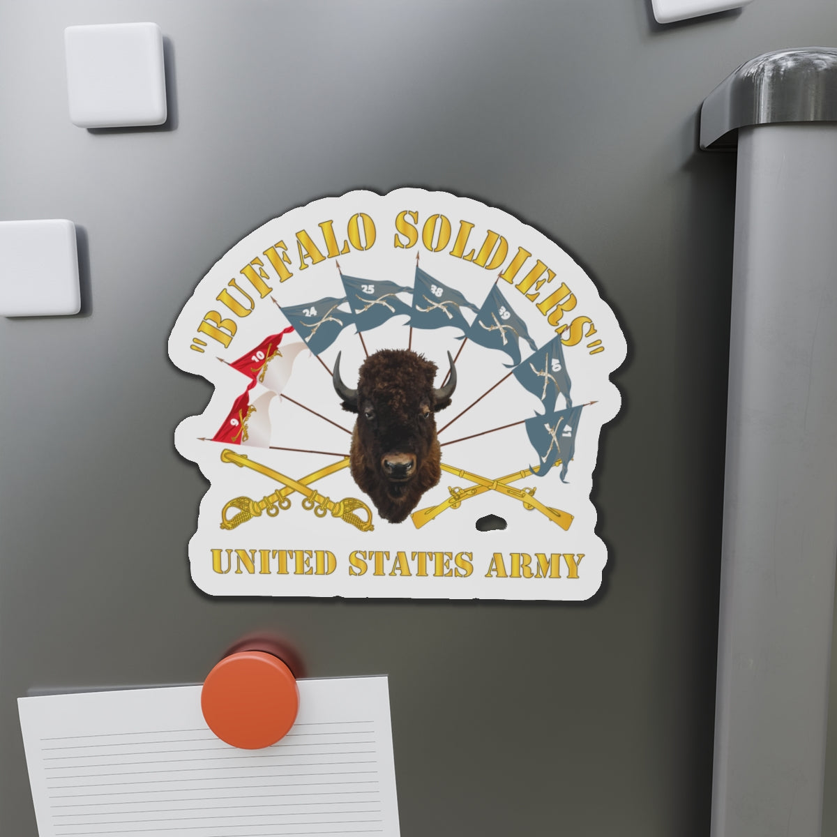 Die-Cut Magnets - Army - Buffalo Soldiers - Infantry - Cavalry Guidons w Buffalo Head - US Army X 300