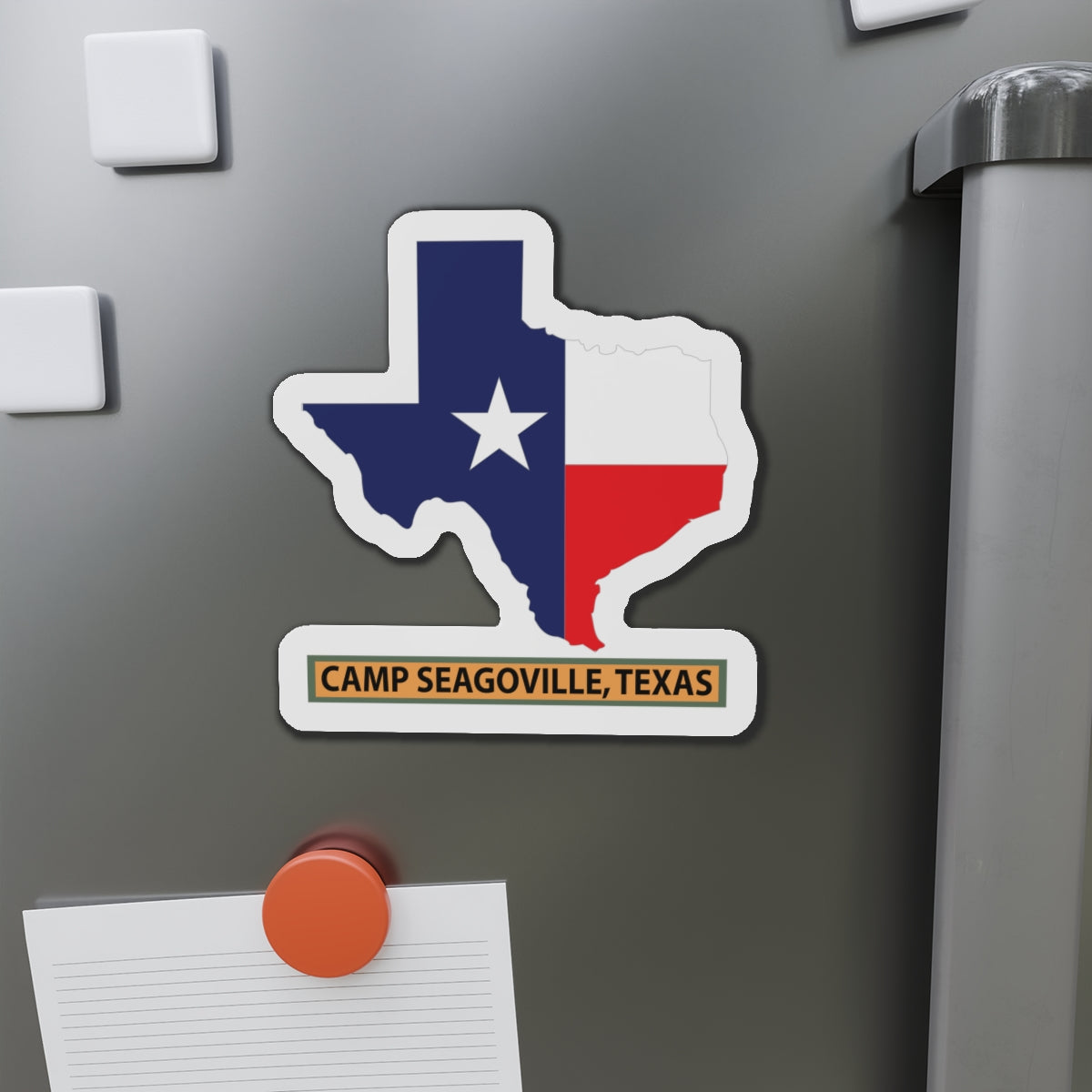 Die-Cut Magnets - Texas Map Overprint with Texas State Flag - Camp Seagoville, Texas X 300