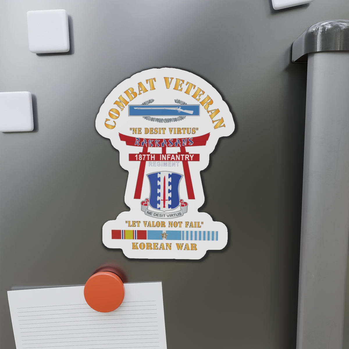Die-Cut Magnets - Army - Combat Veteran - 187th Infantry Regiment - Torii, Rakkasans, Let Valor Not Fail, English, Latin w CIB w KOREA SVC X 300