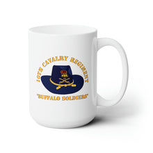 Load image into Gallery viewer, White Ceramic Mug 15oz - Army - 10th Cavalry Regiment w Cav Hat - Buffalo Soldiers
