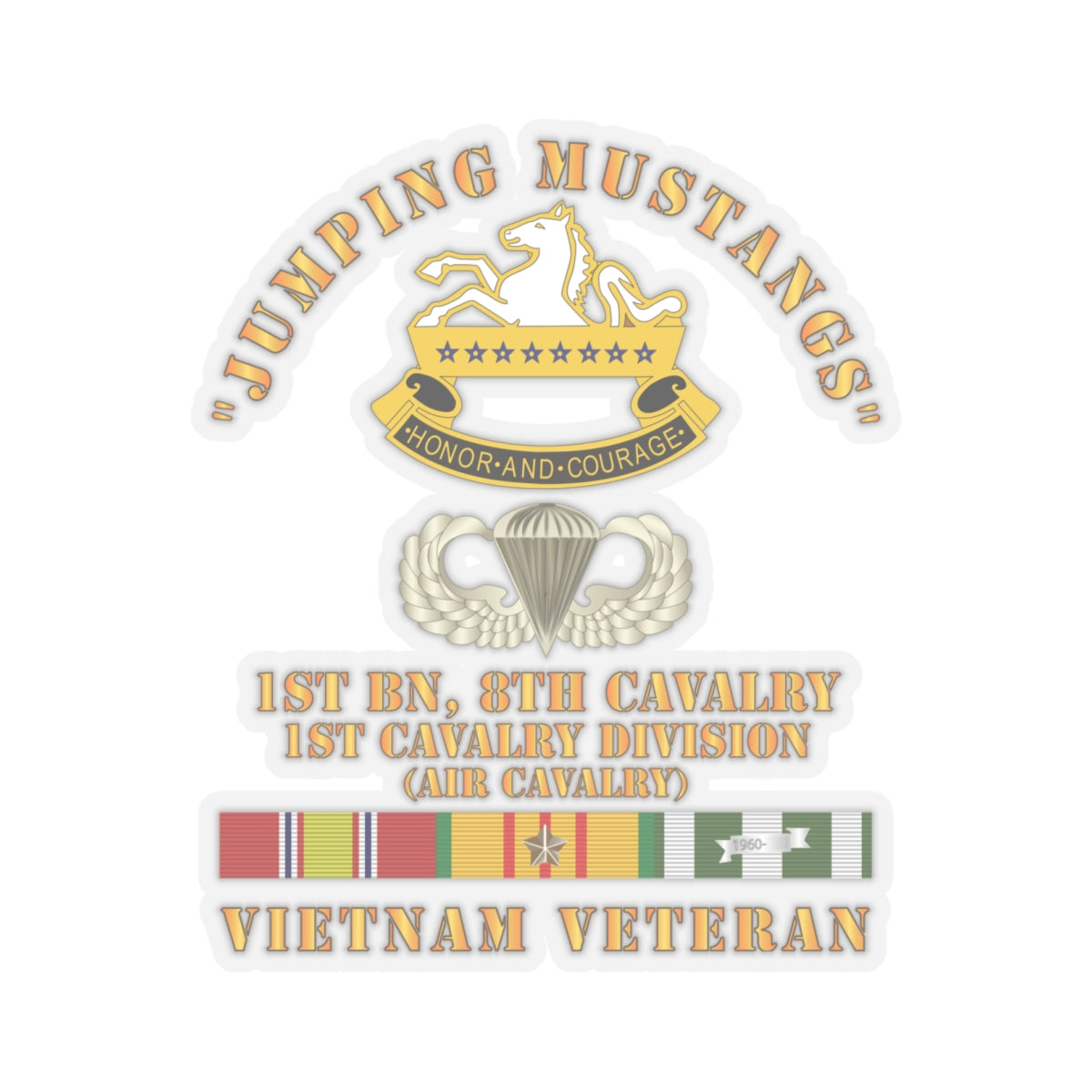 Kiss - Cut Stickers - Army - Jumping Mustangs w DUI - ABN Basic - 1st Bn 8th Cav w VN SVC