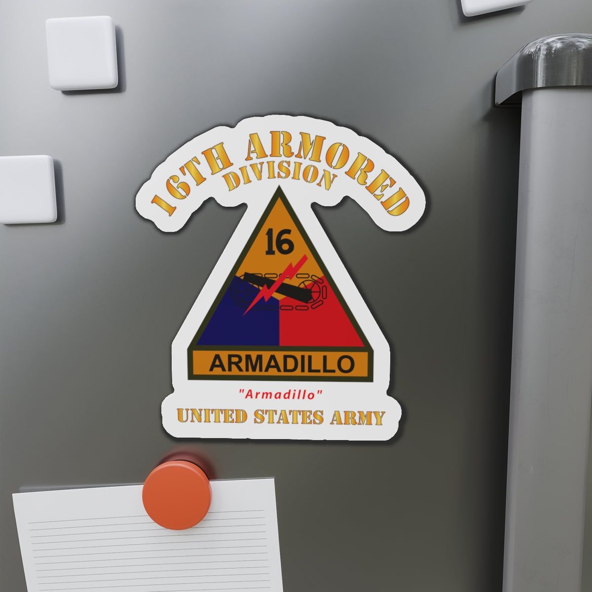 Die-Cut Magnets - Army - SSI - 16th Armored Division w Name Tape - Armadillo - US Army X 300