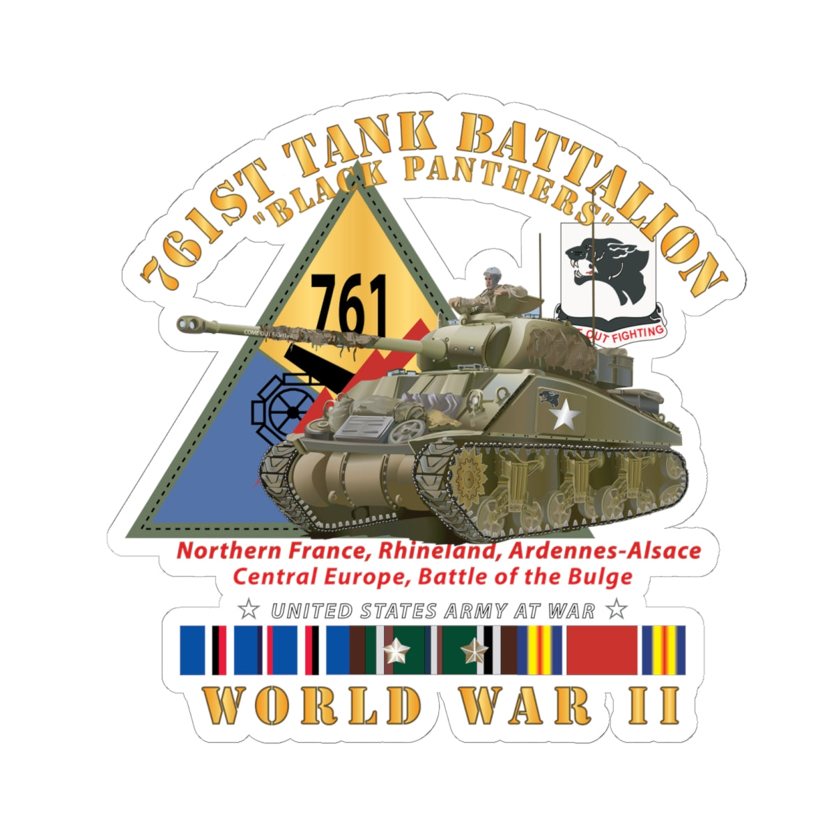 Kiss-Cut Stickers - Army - 761st Tank Battalion - Black Panthers - w Tank w SSI WWII  EU SVC