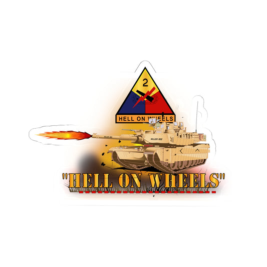 Kiss-Cut Stickers - 2nd Armored Division - M1A1 Tank - Hell on Wheels w Fire X 300