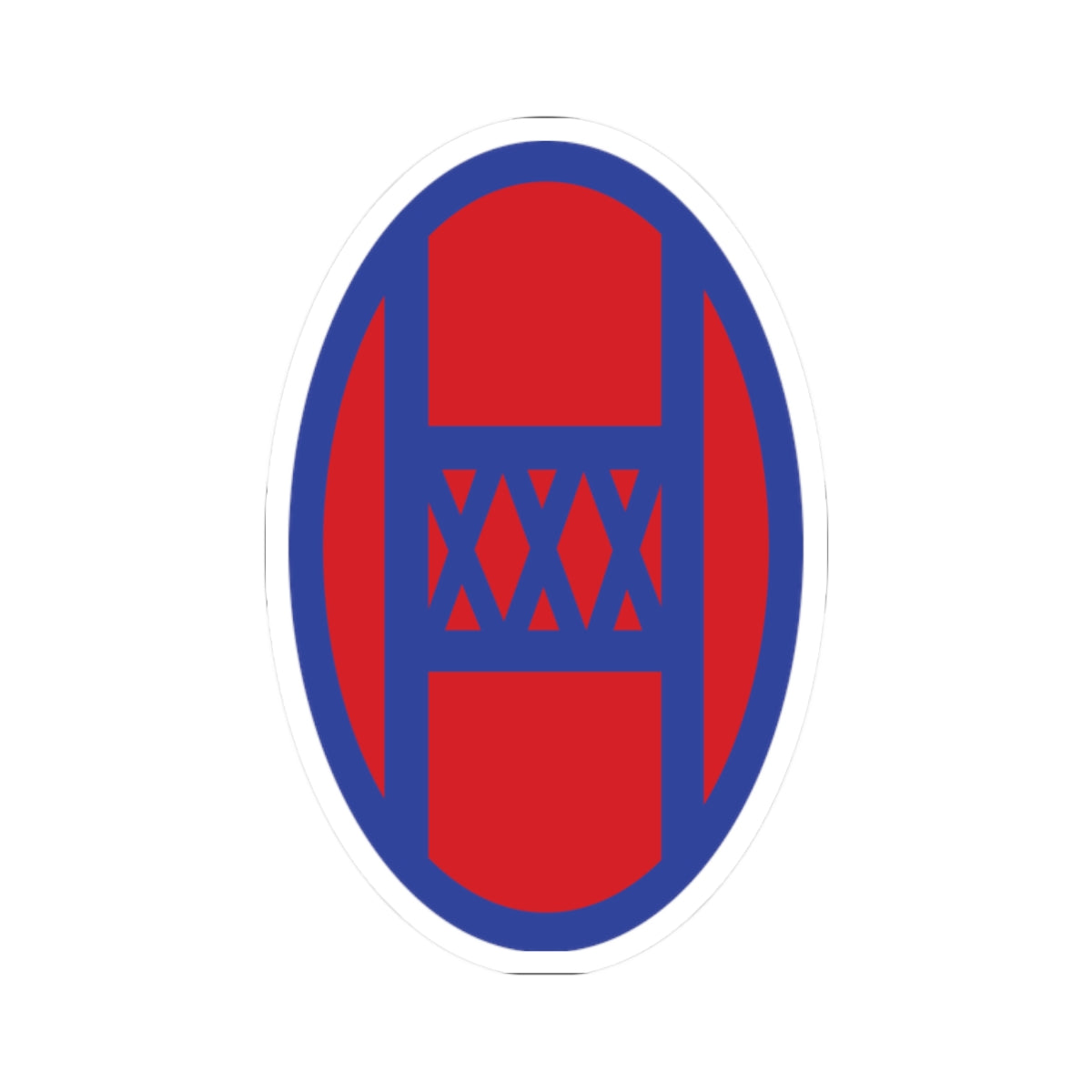 A kiss-Cut Stickers depicting The 30th Infantry Division, nicknamed "Old Hickory" in honor of President Andrew Jackson, was a National Guard unit composed mainly of troops from North Carolina, South Carolina, Georgia, and Tennessee. Its shoulder sleeve insignia (SSI) features an intertwined "O" and "H" on a blue and red background.