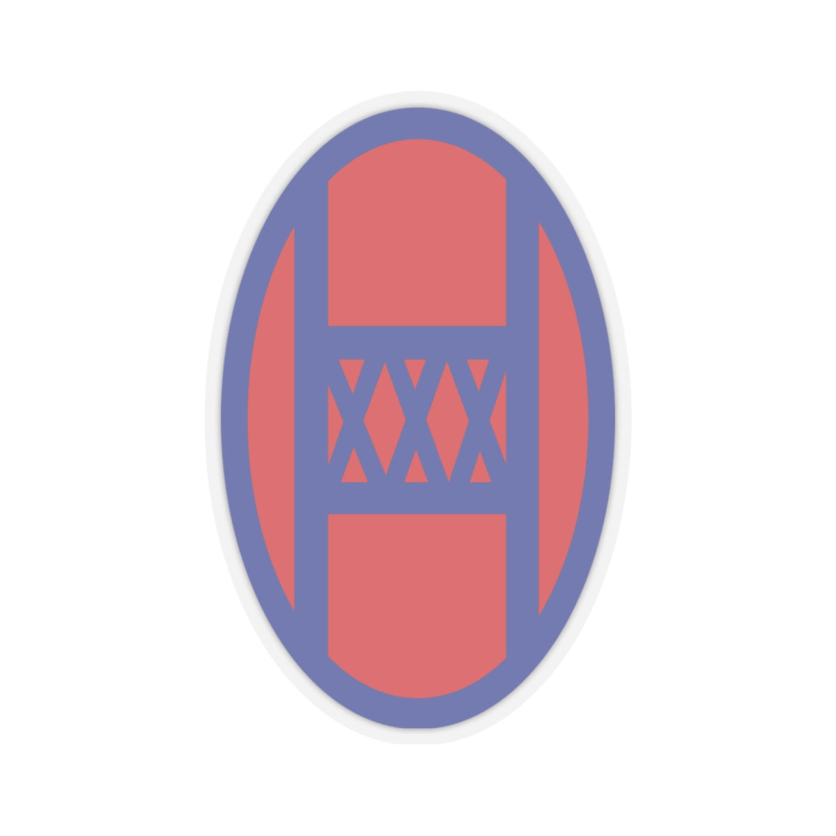 A kiss-Cut Stickers depicting The 30th Infantry Division, nicknamed "Old Hickory" in honor of President Andrew Jackson, was a National Guard unit composed mainly of troops from North Carolina, South Carolina, Georgia, and Tennessee. Its shoulder sleeve insignia (SSI) features an intertwined "O" and "H" on a blue and red background.