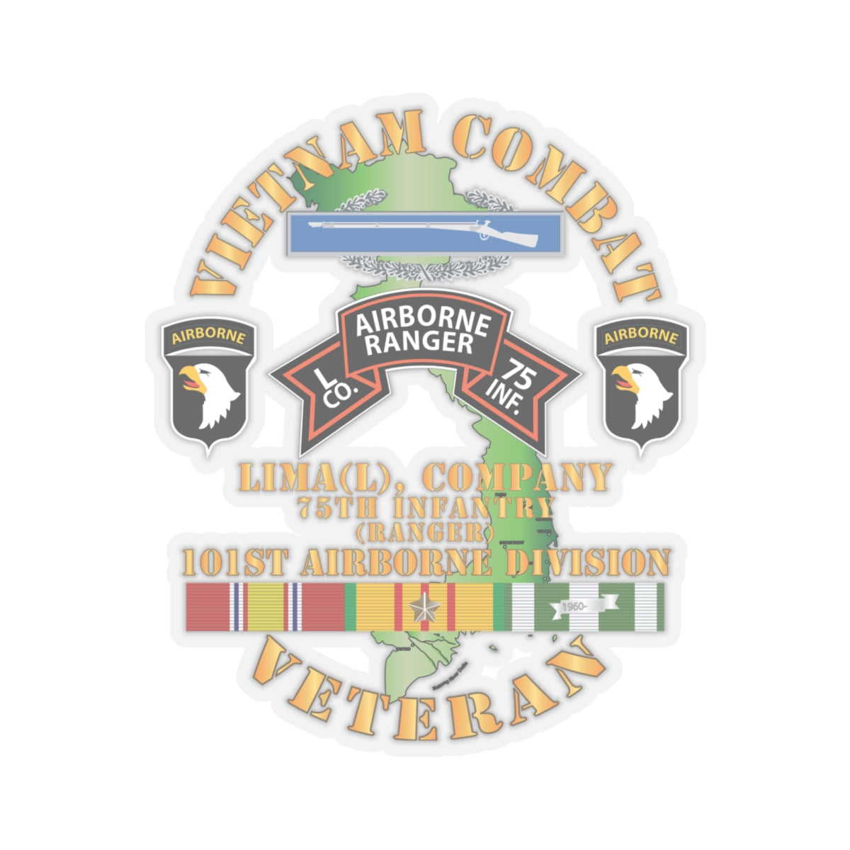 Kiss-Cut Stickers - Vietnam Combat Vet - L Co 75th Infantry (Ranger) - 101st Airborne Div SSI