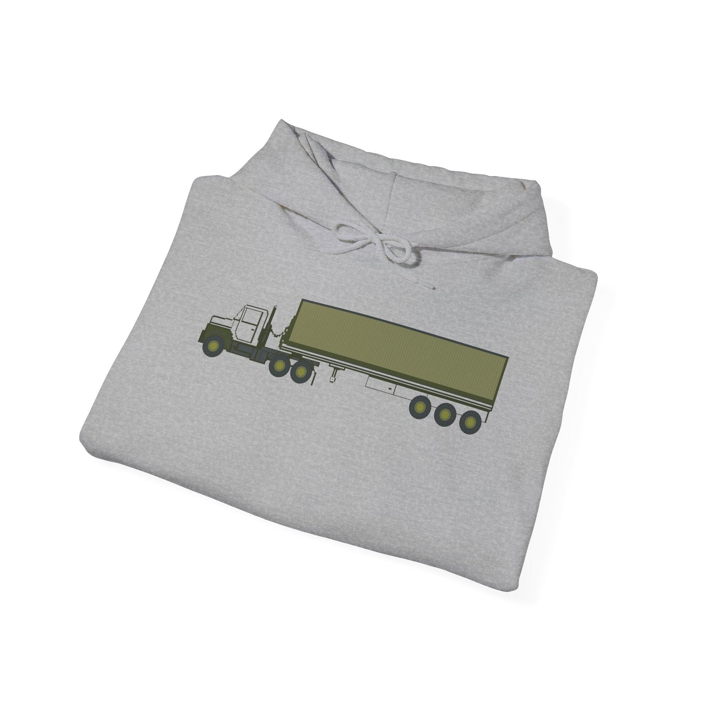 Unisex Heavy Blend Hooded Sweatshirt - Vehicle - M915 Tractor with M872 - 40 Ft Container - Side X 300