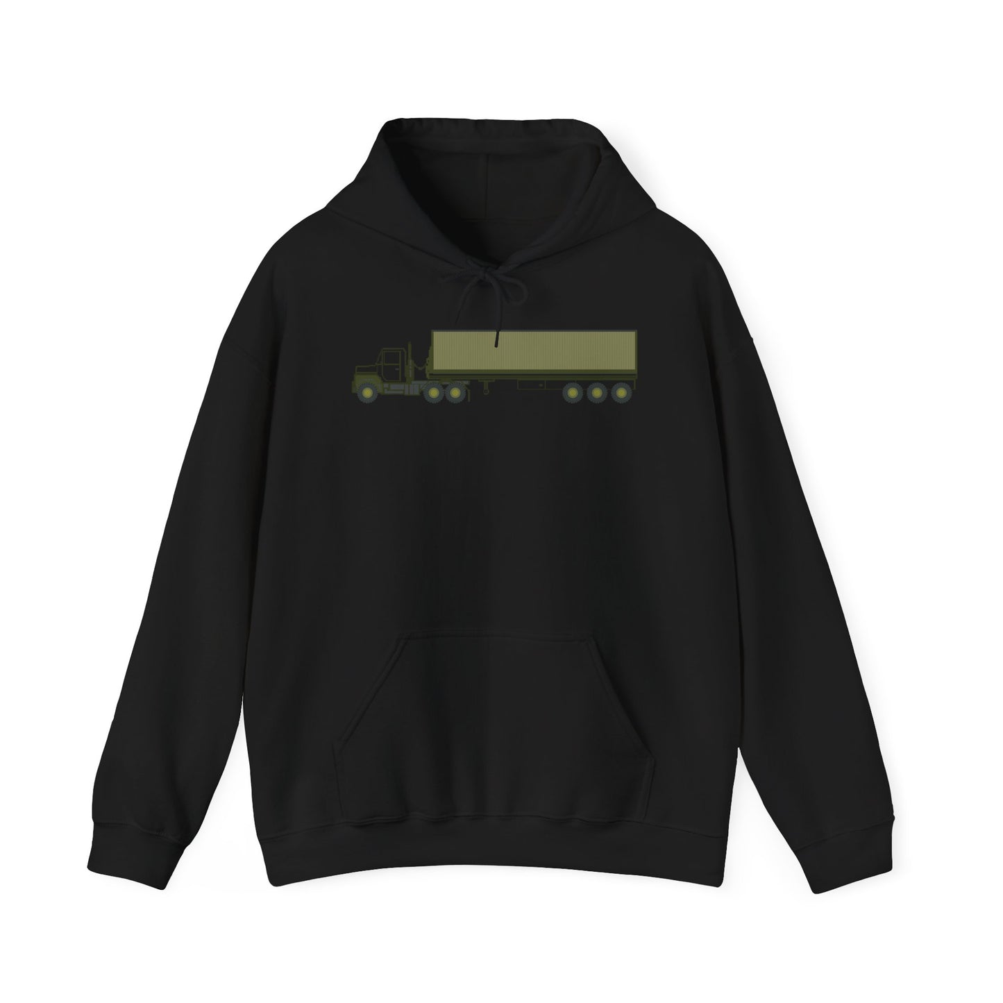 Unisex Heavy Blend Hooded Sweatshirt - Vehicle - M915 Tractor with M872 - 40 Ft Container - Side X 300