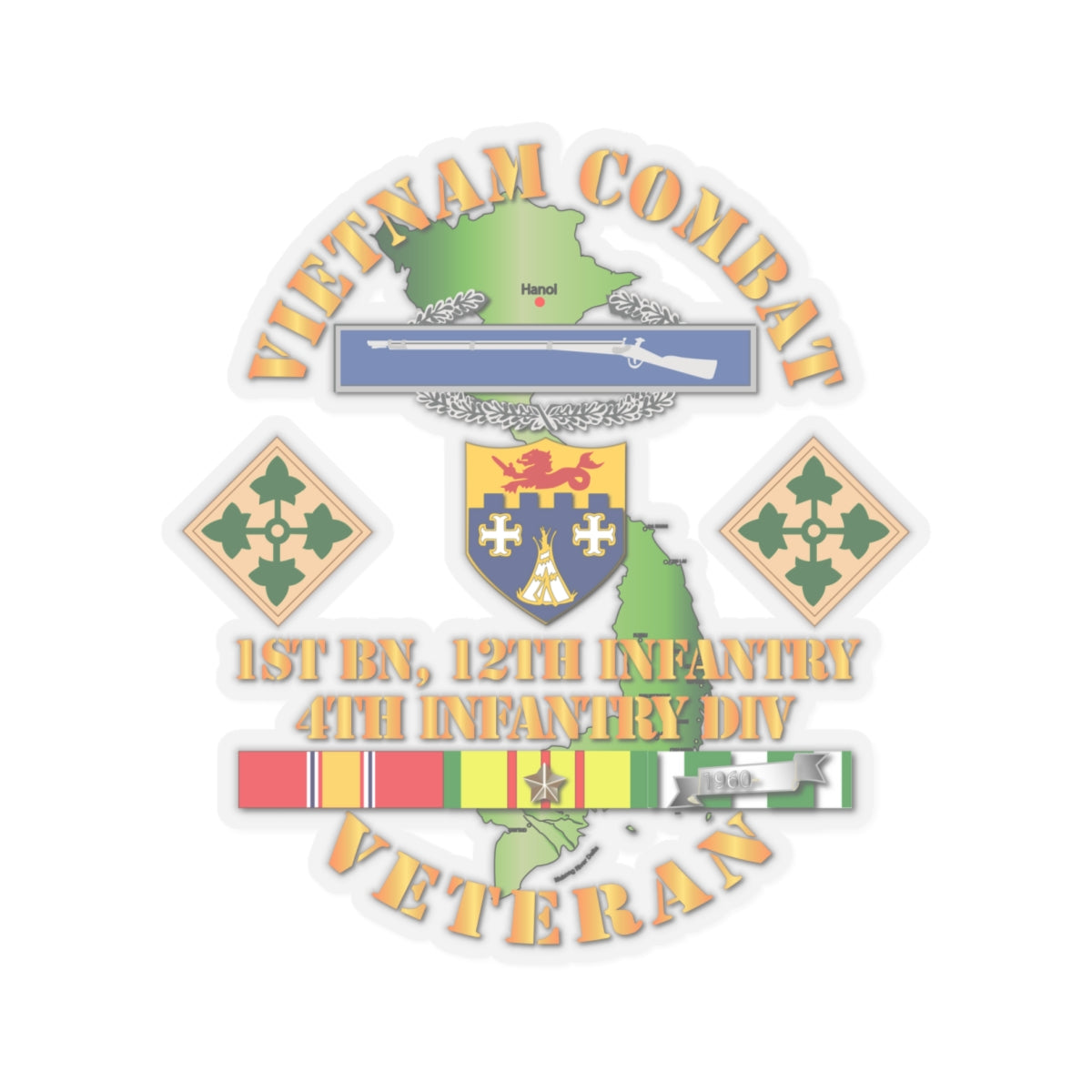 Kiss-Cut Stickers -  Vietnam Combat Infantry Veteran w 1st Bn 12th Inf - 4th ID SSI