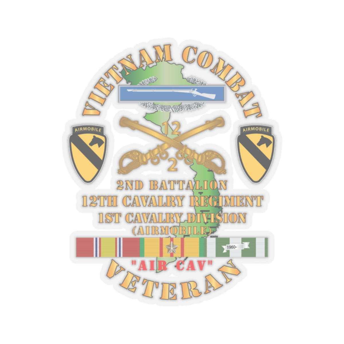 Kiss-Cut Stickers - Vietnam Combat Cavalry Veteran w 2nd Bn 12th Cav Regt w CIB - 1st Cav Div X 300