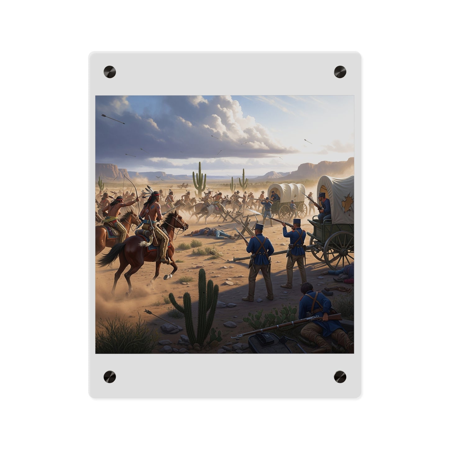Acrylic Wall Art Panel - Apache Indians attacking a US Army defending a wagon train