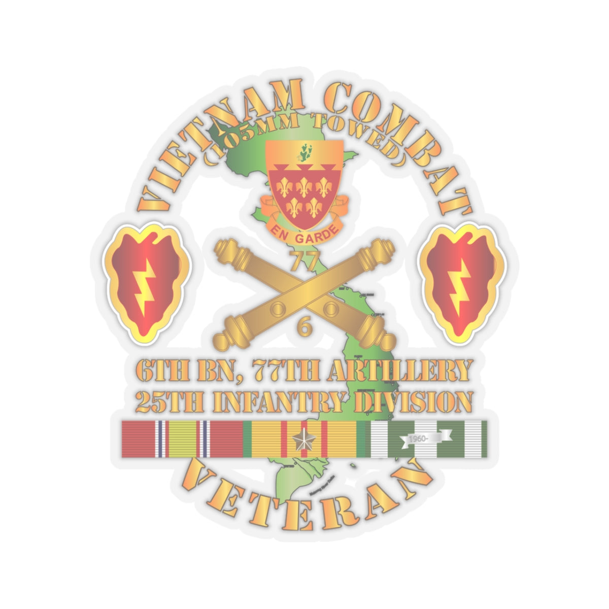Kiss-Cut Stickers - Vietnam Combat Veteran w 6th Bn 77th Artillery DUI -25th Infantry Div