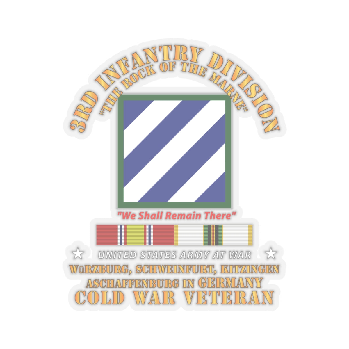A sticker with the 3rd Infantry Division emblem and text 'Cold War Veteran' along with service ribbons.