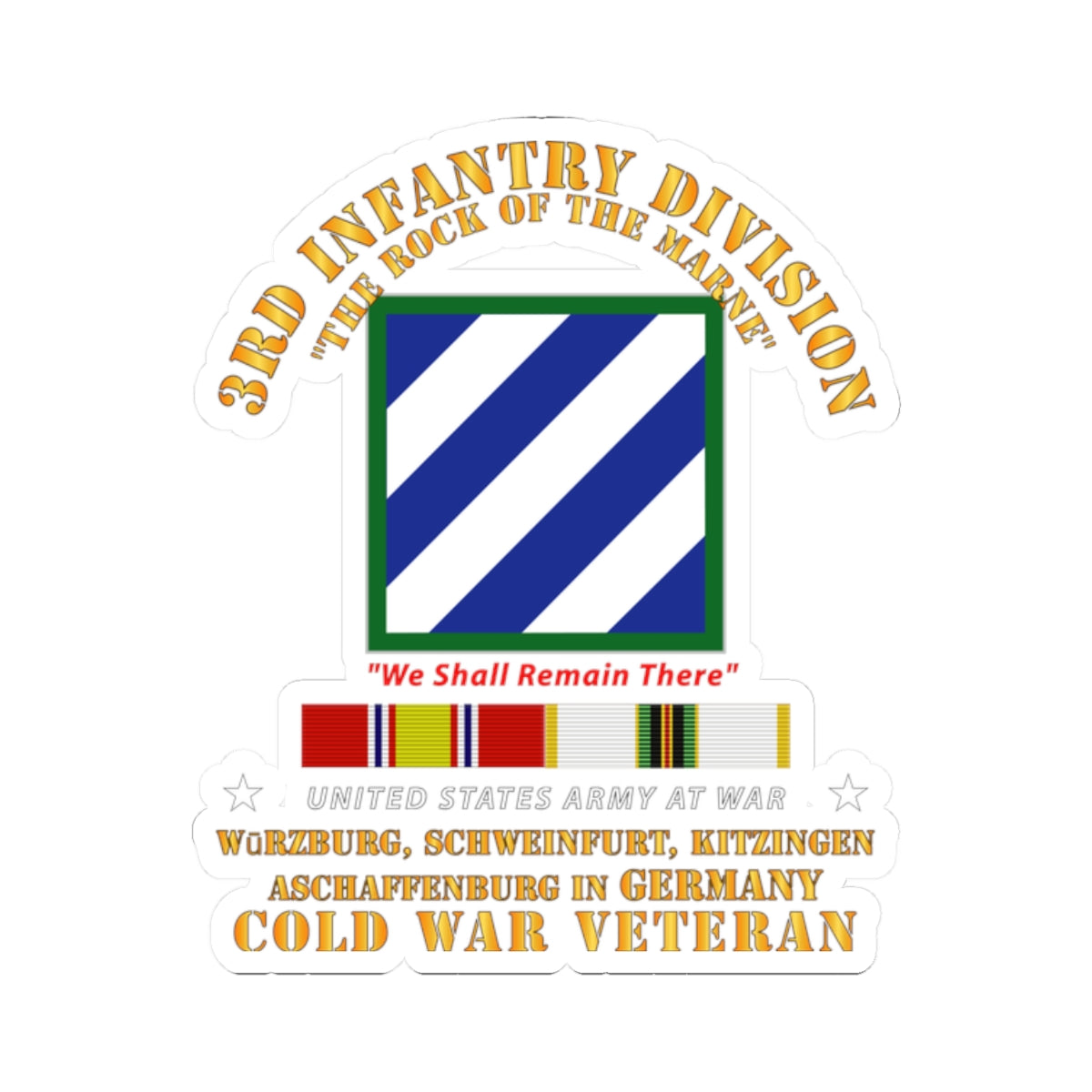A sticker with the 3rd Infantry Division emblem and text 'Cold War Veteran' along with service ribbons.