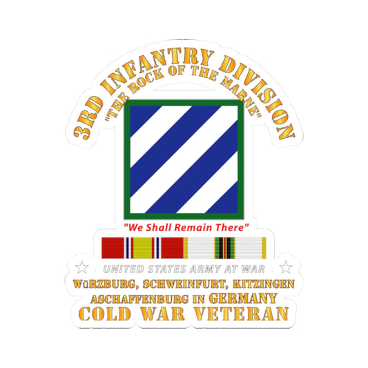 A sticker with the 3rd Infantry Division emblem and text 'Cold War Veteran' along with service ribbons.