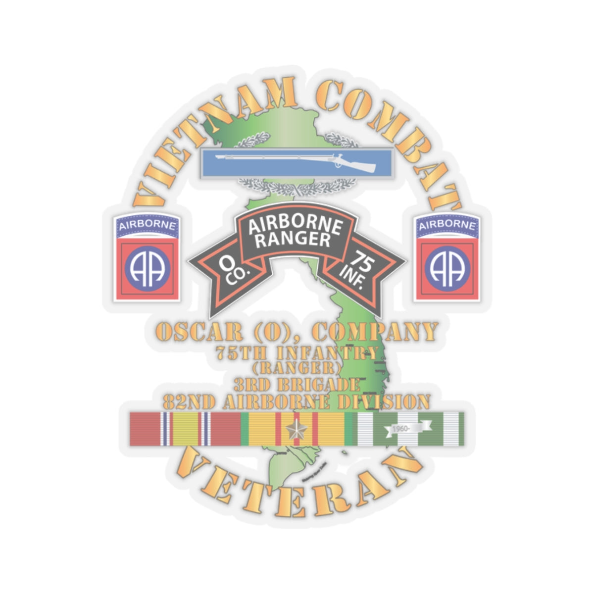 Kiss-Cut Stickers - Vietnam Combat Vet - O Co 75th Infantry (Ranger) - 3rd Bde 82nd Airborne DivSI