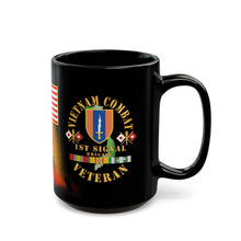 Load image into Gallery viewer, Black Mug 15oz - Vietnam Veteran - 1st Signal Brigade - Combat Veteran with Vietnam Service Ribbons - Spec
