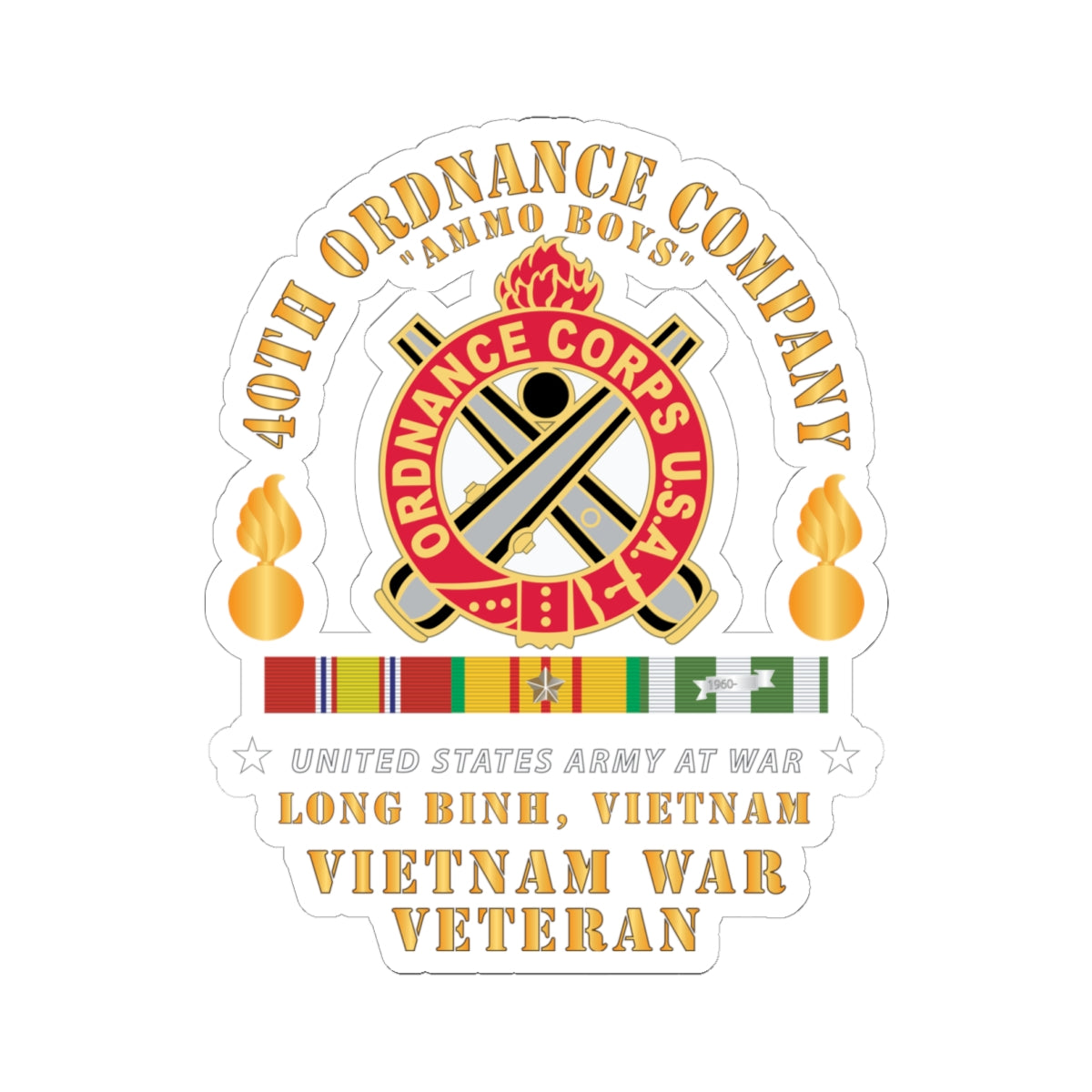A sticker with the 40th Ordnance Company emblem, featuring a flaming bomb symbol, and text indicating service in Vietnam.