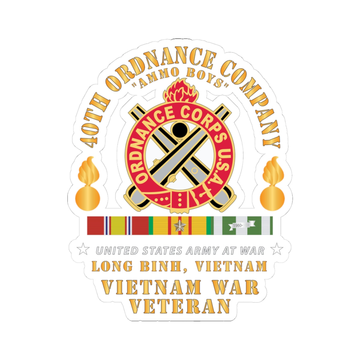 A sticker with the 40th Ordnance Company emblem, featuring a flaming bomb symbol, and text indicating service in Vietnam.