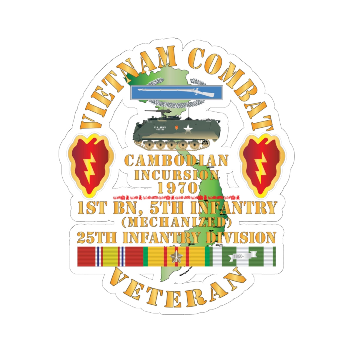 Kiss-Cut Stickers - Vietnam Combat Vet w 1st Bn 5th Inf - 25th Inf Div - Cambodian Incursion 1970 w VN SVC X 300
