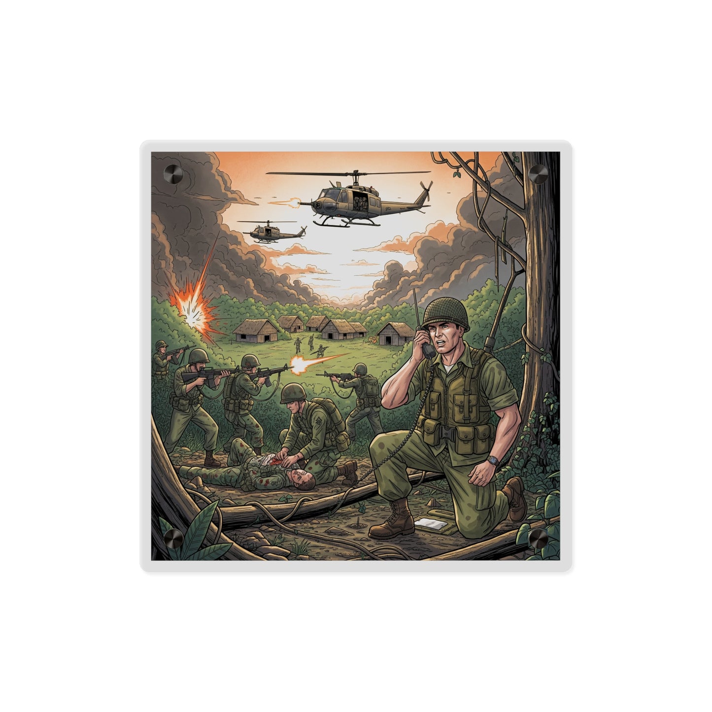 Acrylic Wall Art Panel - Vietnam Patrol Fire Fight Requesting Medevac