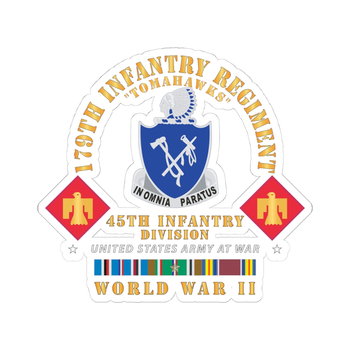Kiss-Cut Stickers - 179th Infantry Regiment - Tomahawks - DUI - 45th ID - WWII w EUR SVC X 300