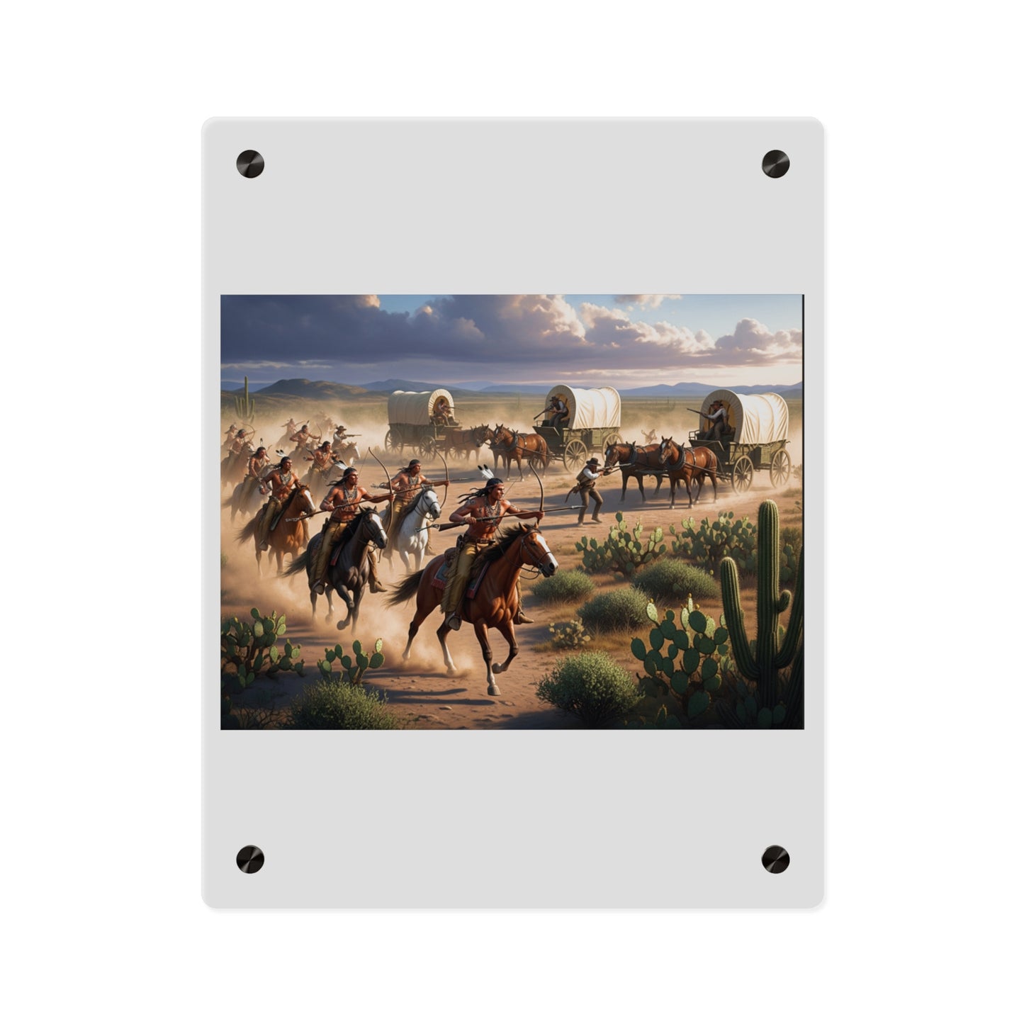 Acrylic Wall Art Panel - Apache Indians attacking a wagon train