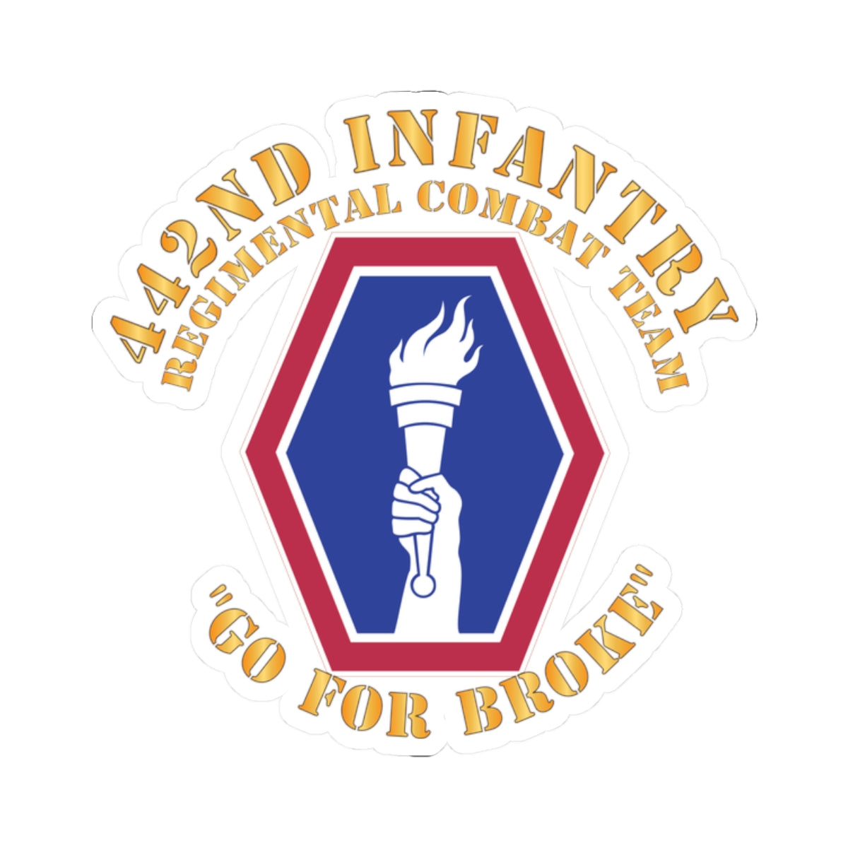 A logo of the 442nd Infantry Regimental Combat Team featuring a torch and the text '442nd Infantry Regimental Combat Team, GO FOR BROKE'.