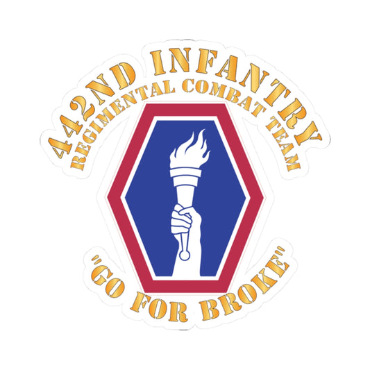 A logo of the 442nd Infantry Regimental Combat Team featuring a torch and the text '442nd Infantry Regimental Combat Team, GO FOR BROKE'.