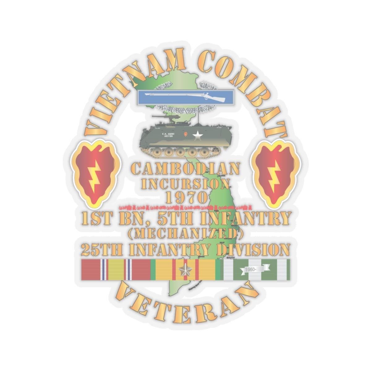 Kiss-Cut Stickers - Vietnam Combat Vet w 1st Bn 5th Inf - 25th Inf Div - Cambodian Incursion 1970 w VN SVC X 300