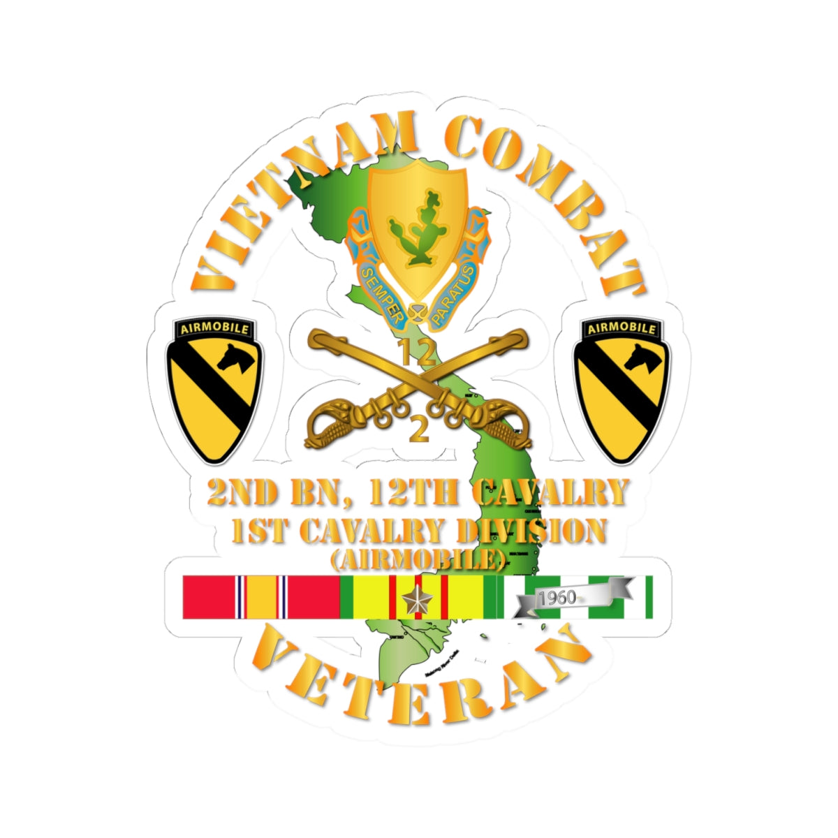 Kiss-Cut Stickers - Vietnam Combat Cavalry Veteran w 2nd Bn 12th Cav DUI - 1st Cav Div