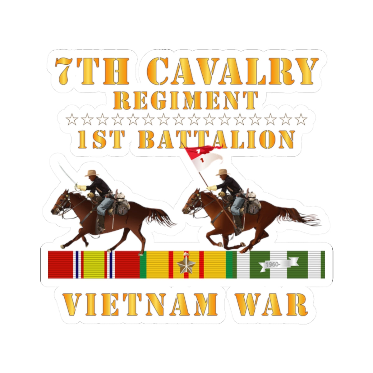 Kiss-Cut Stickers - 1st Battalion, 7th Cavalry Regiment - Vietnam War wt 2 Cav Riders and VN SVC X300